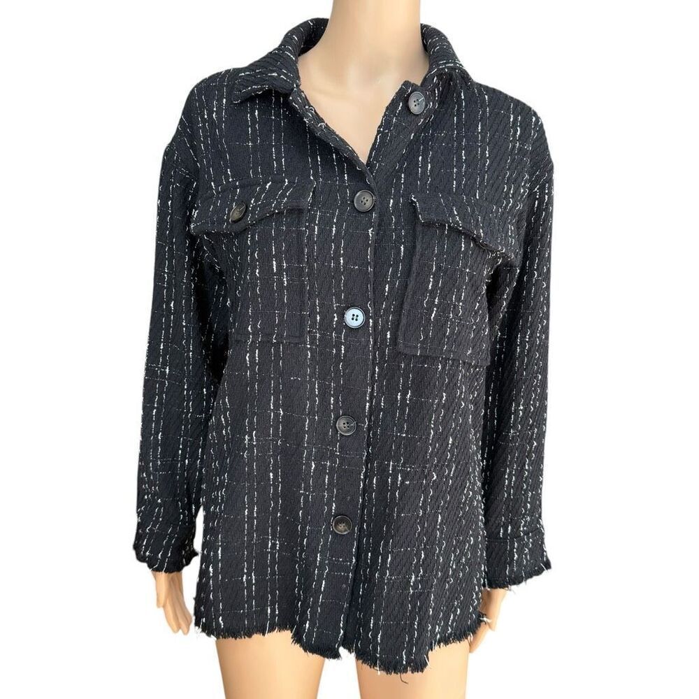 Camellia black tweed-style shacket jacket raw hem size S